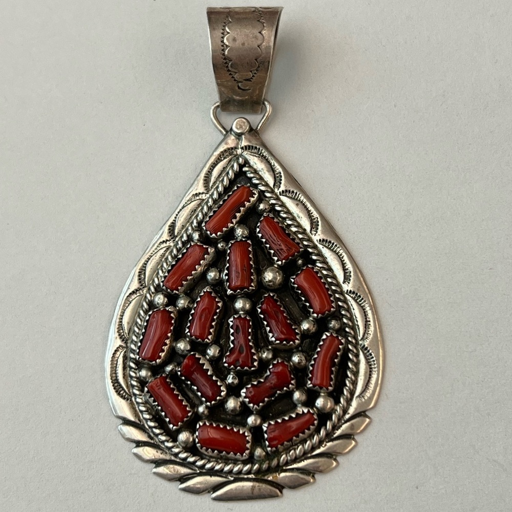 Red Coral Teardrop Necklace with Sterling Silver Mosaic Design Pendant